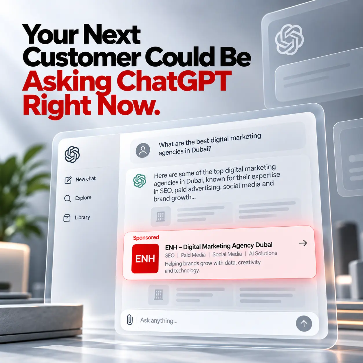 A ChatGPT conversation answering a question about digital marketing agencies in Dubai, with a clearly labelled sponsored ENH placement shown beneath the answer