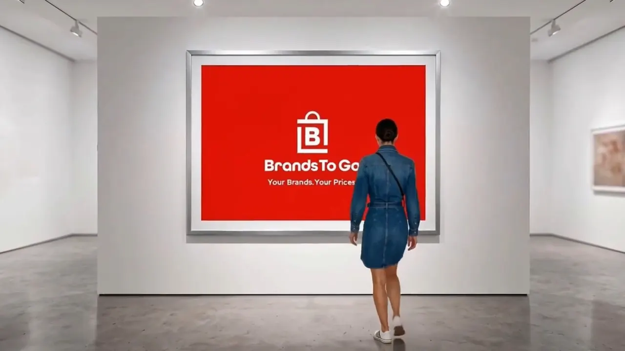 A shopper in a denim dress walks towards a red Brands To Go screen reading Your Brands. Your Prices.