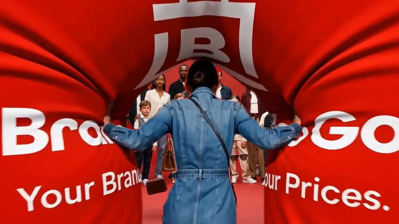 The shopper pushes through the stretching red screen, with people waiting on the other side