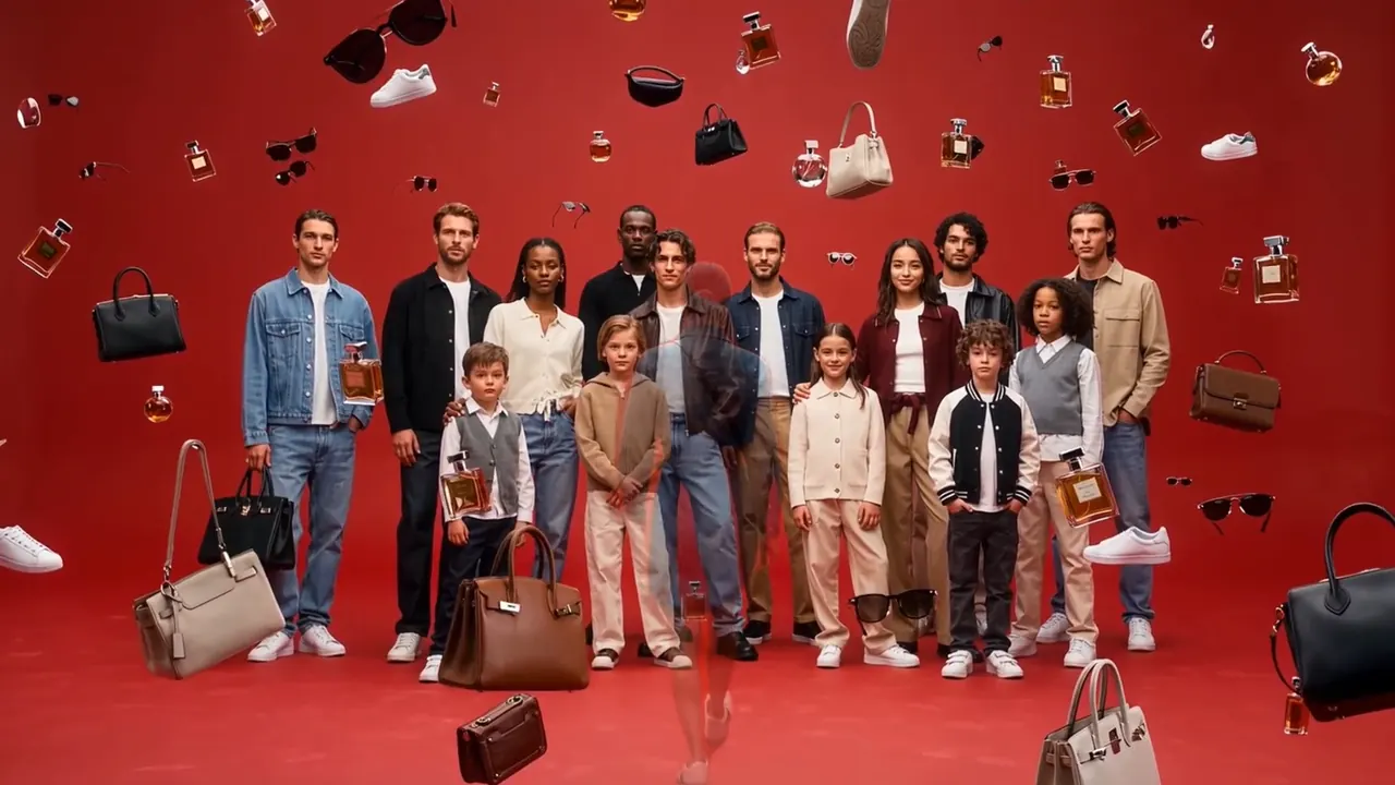 Adults and children in a red room, with bags, shoes, sunglasses and perfume bottles floating around them