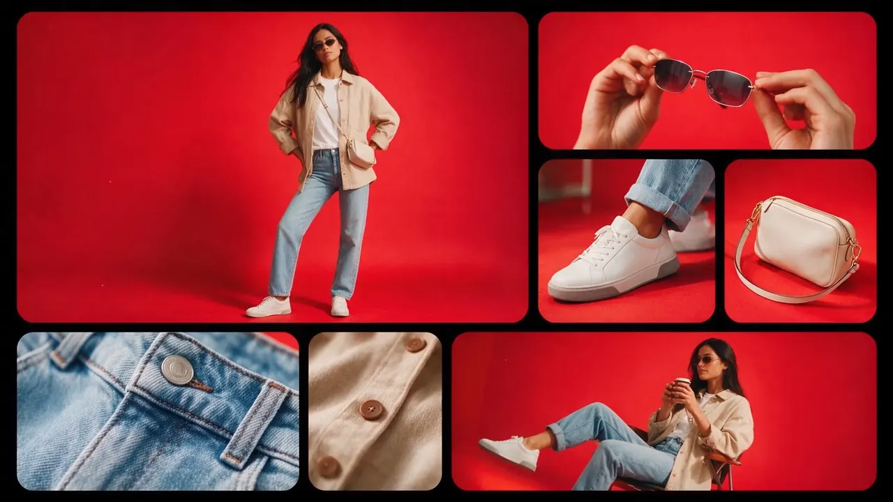 A collage of a woman's outfit, sunglasses, white sneakers, a handbag and denim details on red