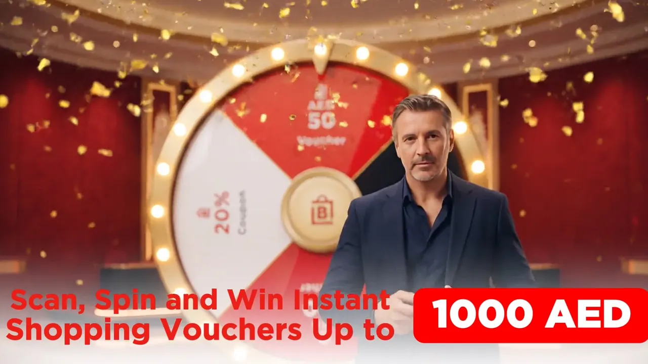 A presenter beside a prize wheel, with the offer: scan, spin and win instant shopping vouchers up to AED 1000