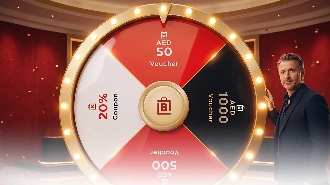 The prize wheel, with AED 50, AED 500 and AED 1000 vouchers and a 20% coupon