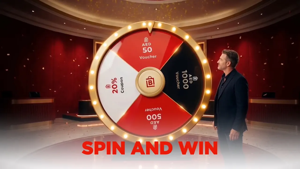 The wheel at rest beside the presenter, with Spin and Win